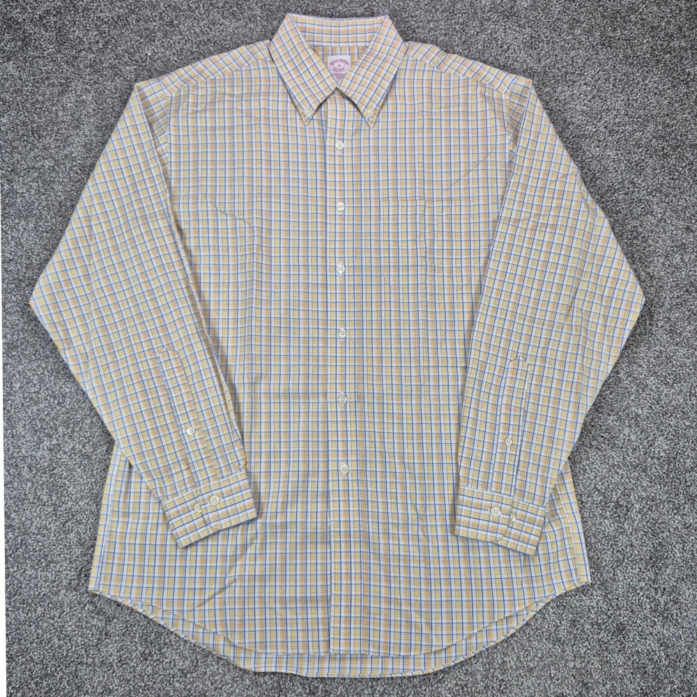 Brooks Brothers Shirt Mens Medium Yellow Plaid Non-Iron Cotton Button Down
